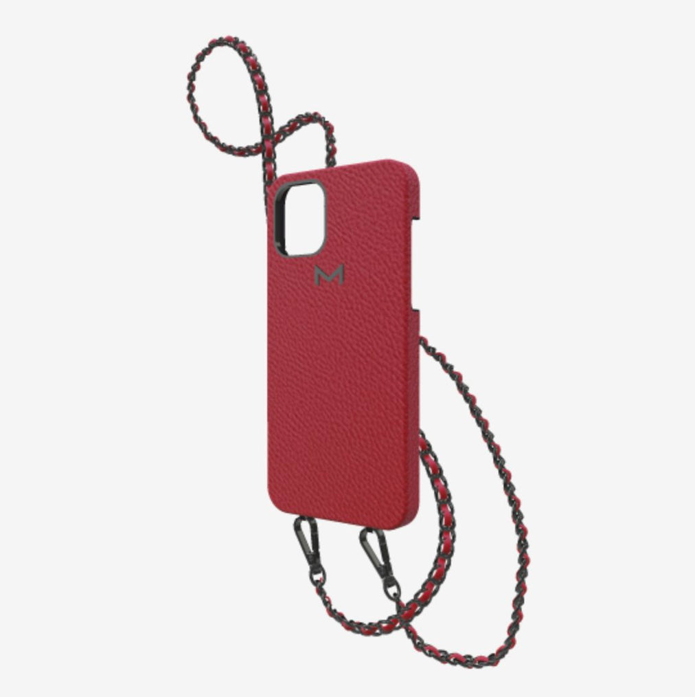 Classic Necklace Case for iPhone 12 Pro in Genuine Calfskin Coral Red Black Plating 