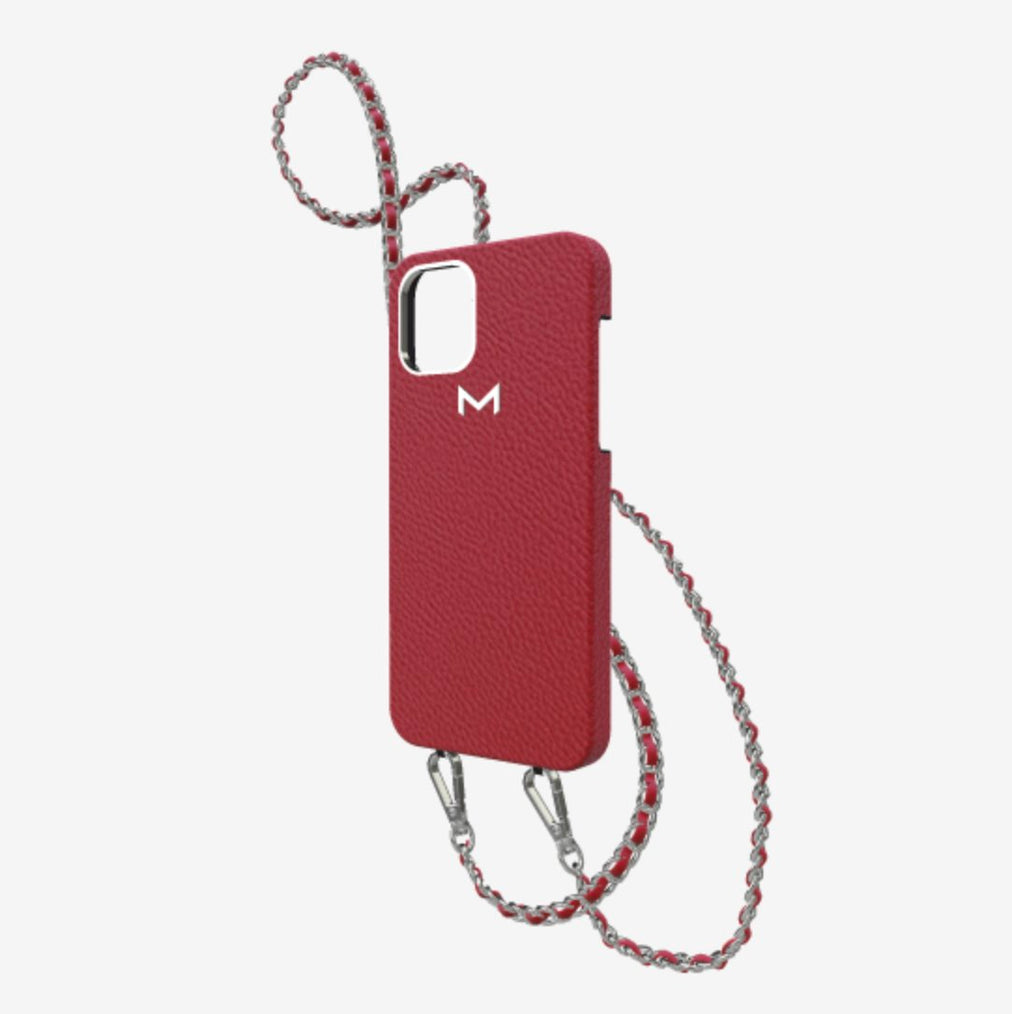 Classic Necklace Case for iPhone 12 Pro in Genuine Calfskin Coral Red Steel 316 