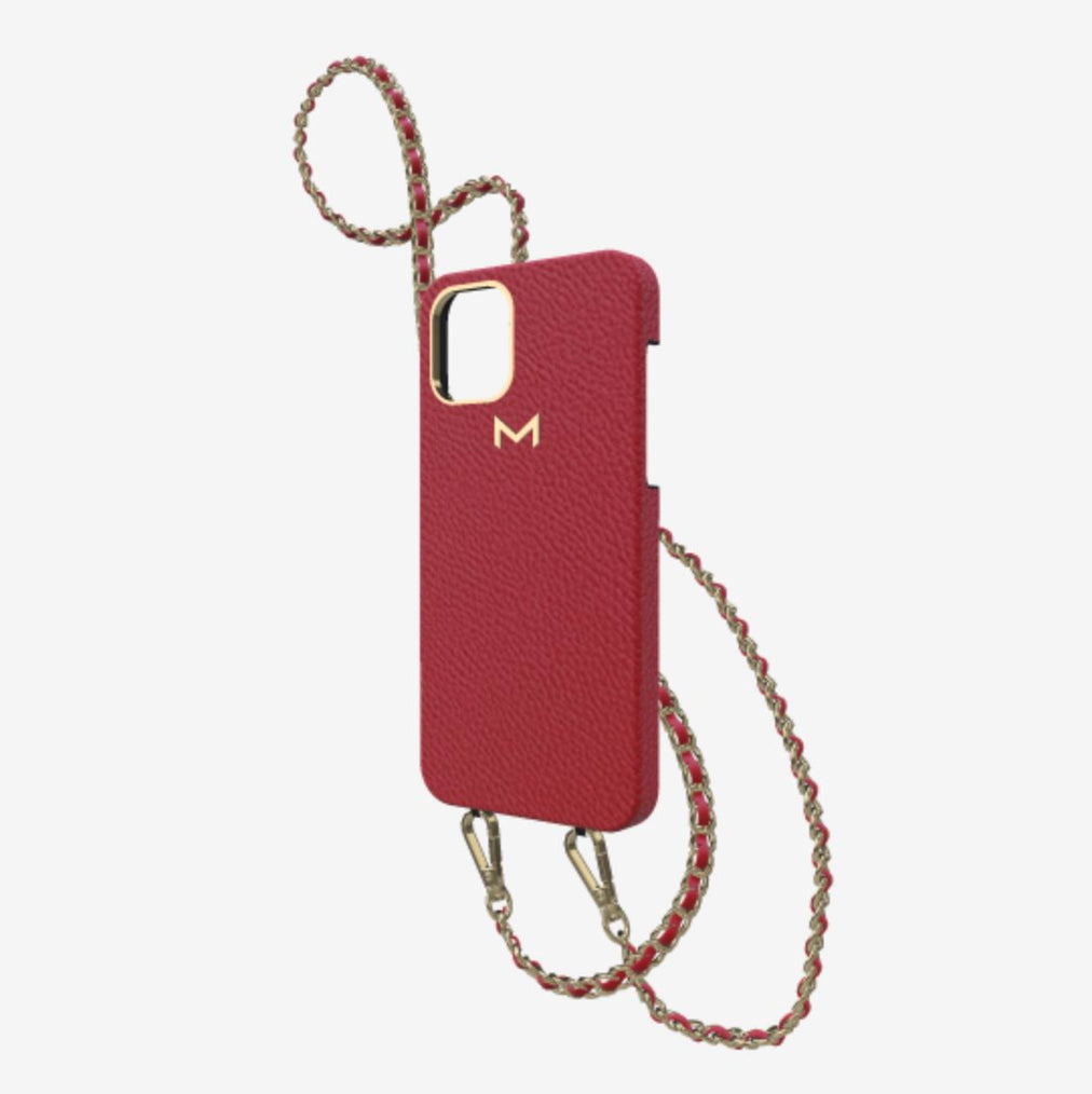 Classic Necklace Case for iPhone 12 Pro in Genuine Calfskin Coral Red Yellow Gold 