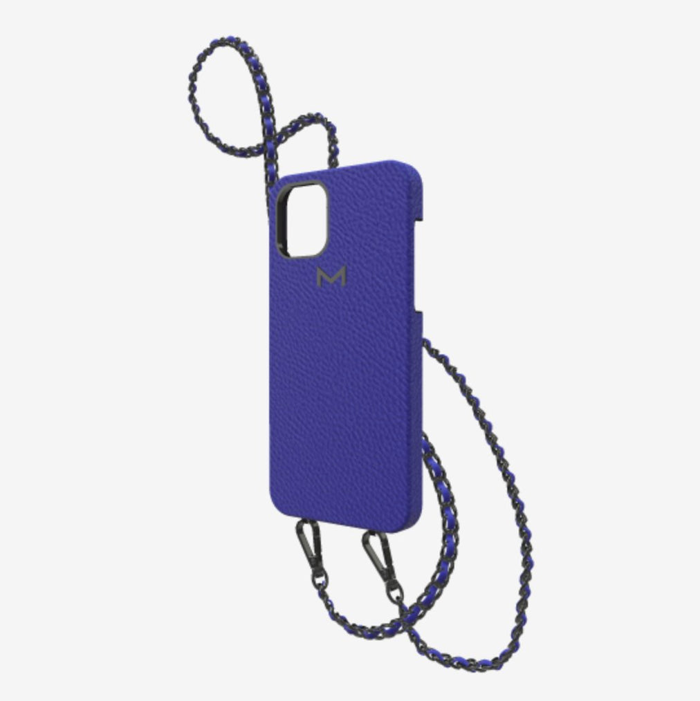 Classic Necklace Case for iPhone 12 Pro in Genuine Calfskin Electric Blue Black Plating 