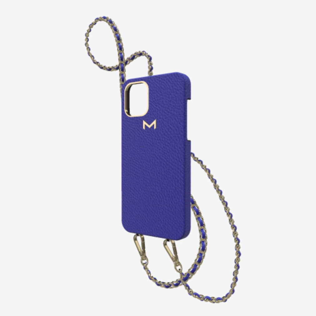 Classic Necklace Case for iPhone 12 Pro in Genuine Calfskin Electric Blue Yellow Gold 