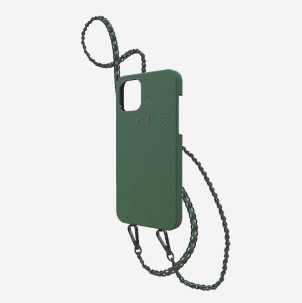 Classic Necklace Case for iPhone 12 Pro in Genuine Calfskin Emerald Green Black Plating 
