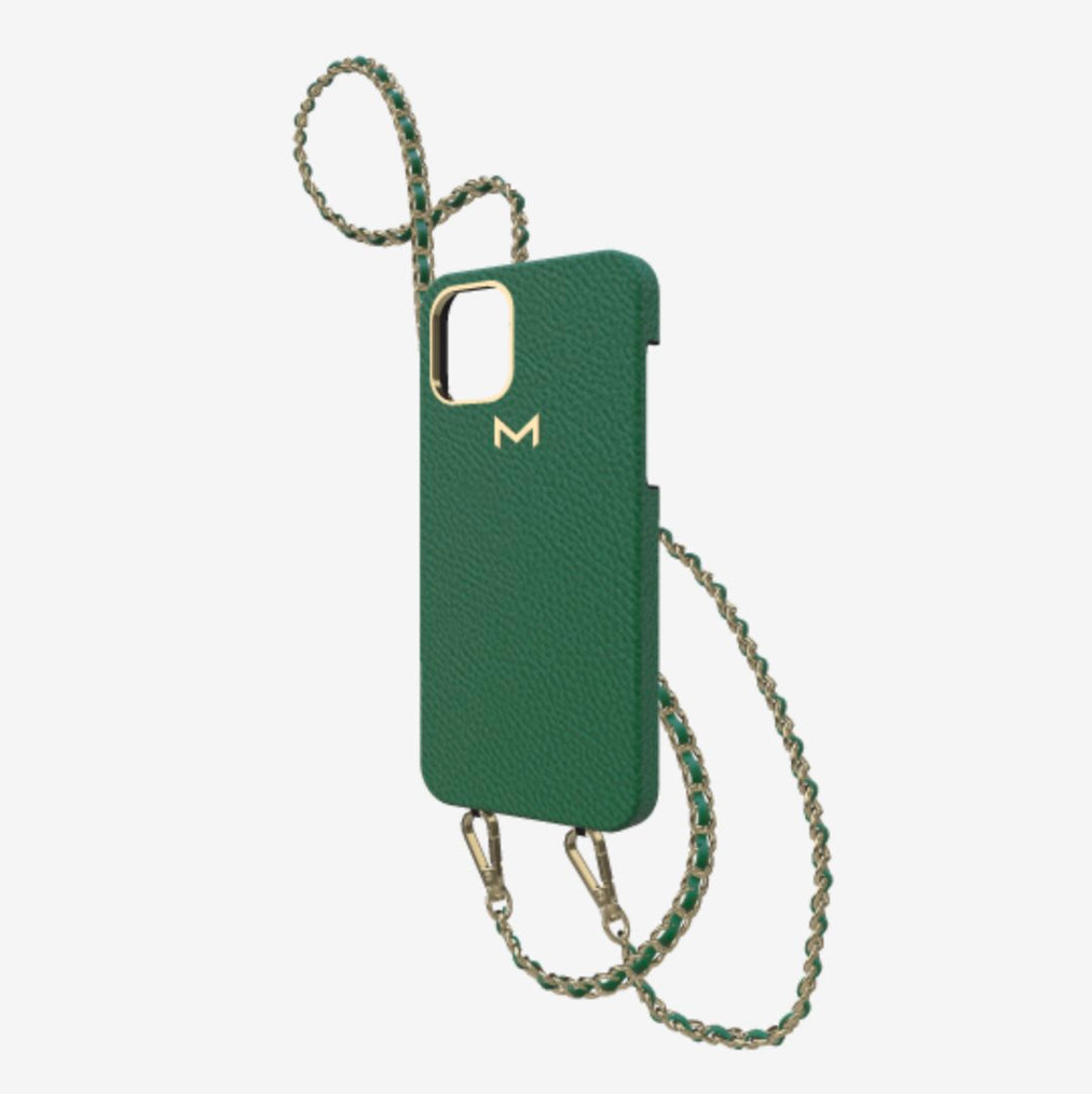Classic Necklace Case for iPhone 12 Pro in Genuine Calfskin Emerald Green Yellow Gold 