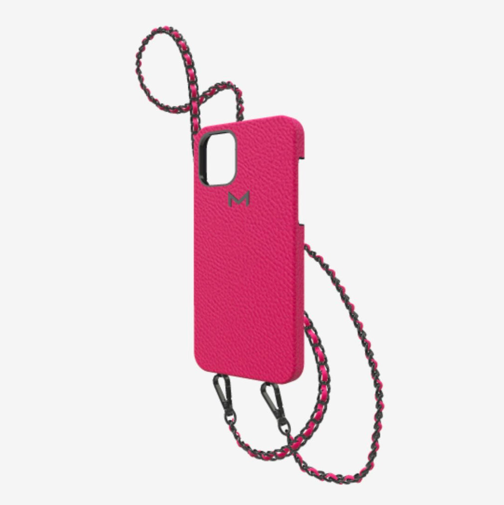 Classic Necklace Case for iPhone 12 Pro in Genuine Calfskin Fuchsia Party Black Plating 
