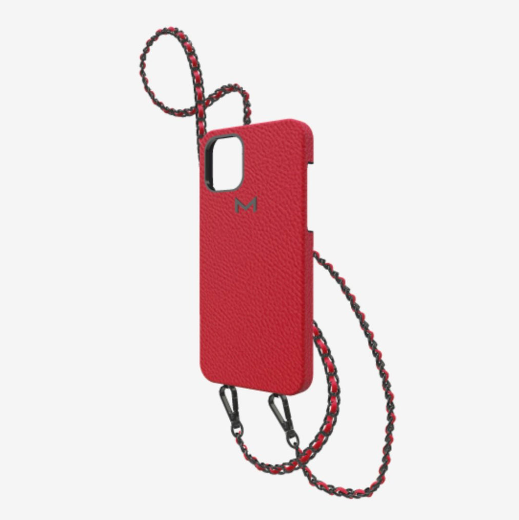 Classic Necklace Case for iPhone 12 Pro in Genuine Calfskin Glamour Red Black Plating 