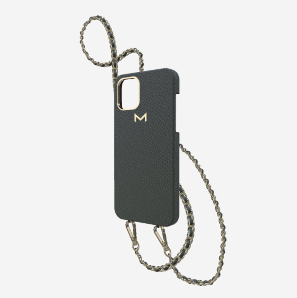 Classic Necklace Case for iPhone 12 Pro in Genuine Calfskin Jungle Green Yellow Gold 
