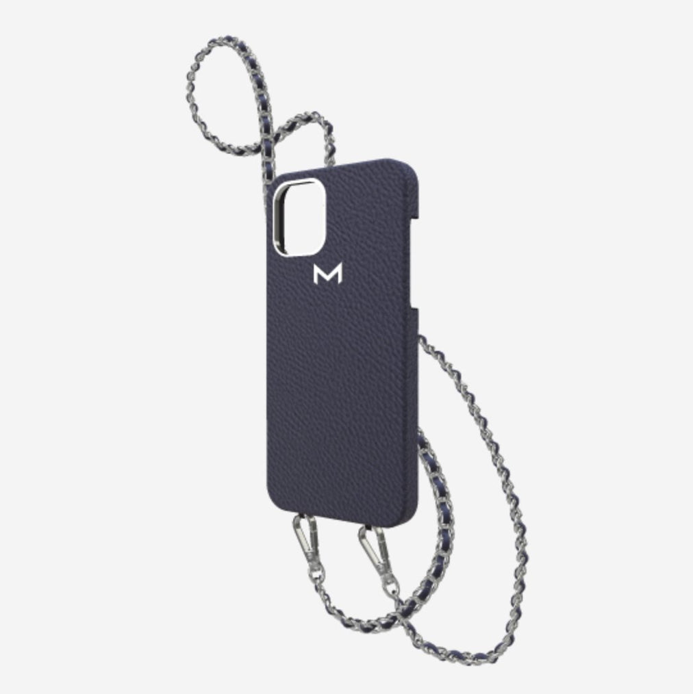 Classic Necklace Case for iPhone 12 Pro in Genuine Calfskin Navy Blue Steel 316 