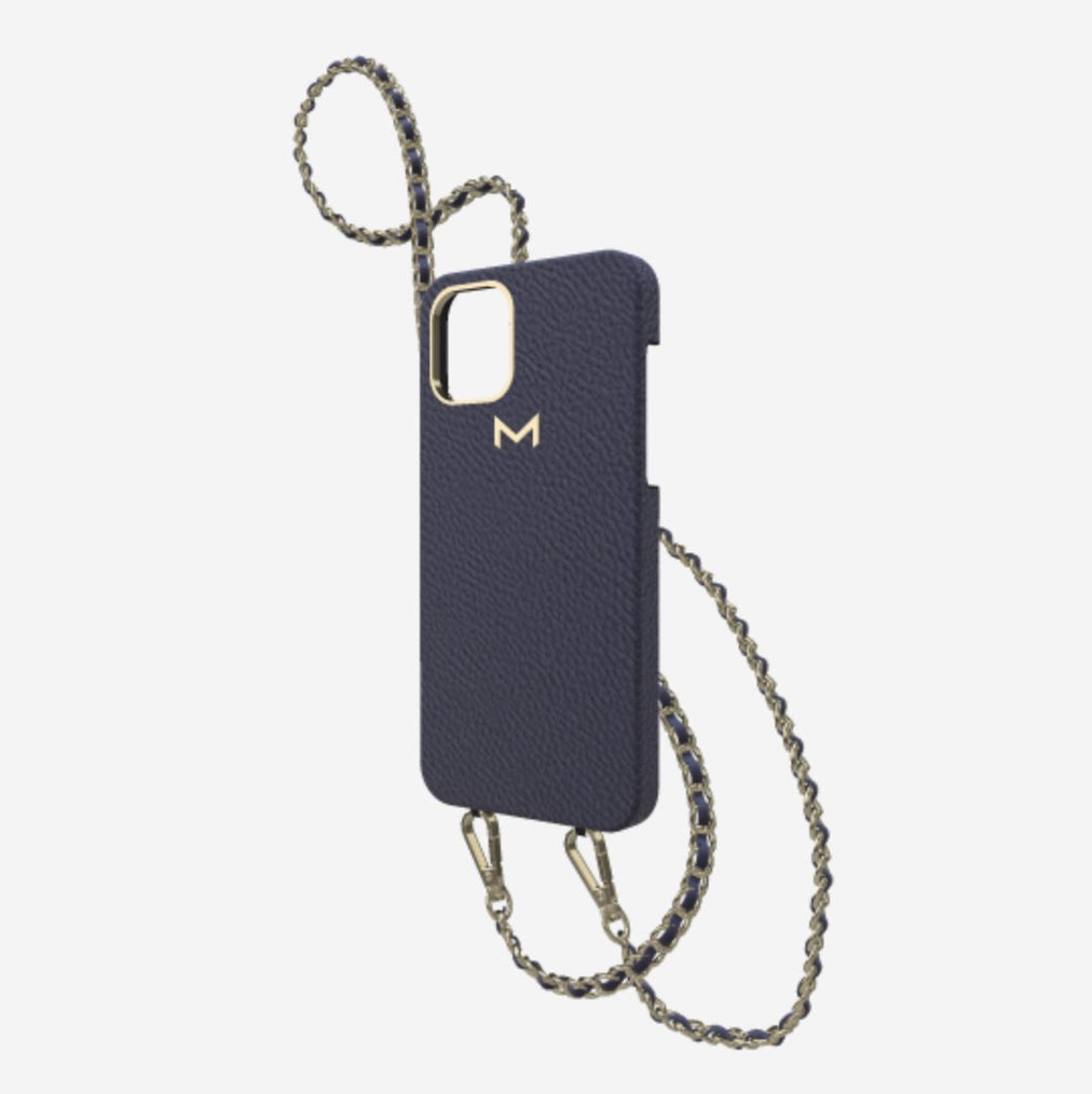 Classic Necklace Case for iPhone 12 Pro in Genuine Calfskin Navy Blue Yellow Gold 