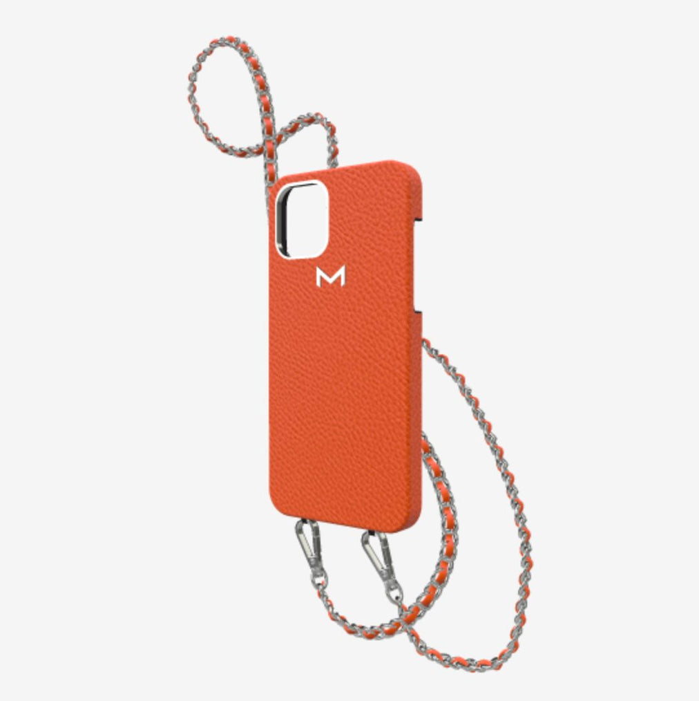 Classic Necklace Case for iPhone 12 Pro in Genuine Calfskin Orange Cocktail Steel 316 