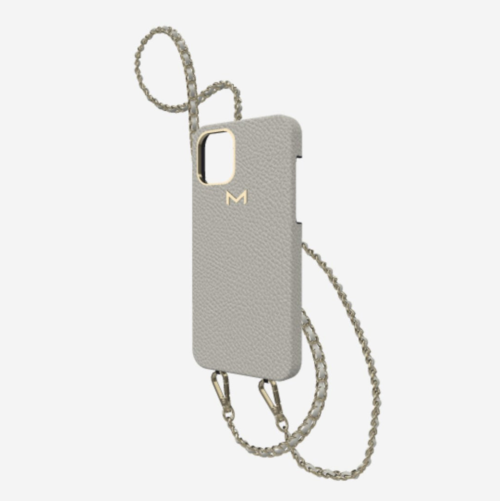 Classic Necklace Case for iPhone 12 Pro in Genuine Calfskin Pearl Grey Yellow Gold 