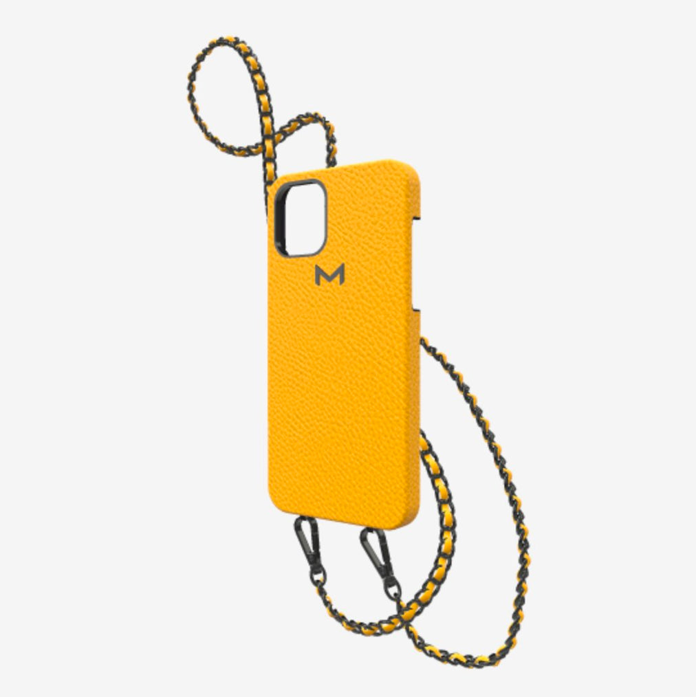 Classic Necklace Case for iPhone 12 Pro in Genuine Calfskin Sunny Yellow Black Plating 