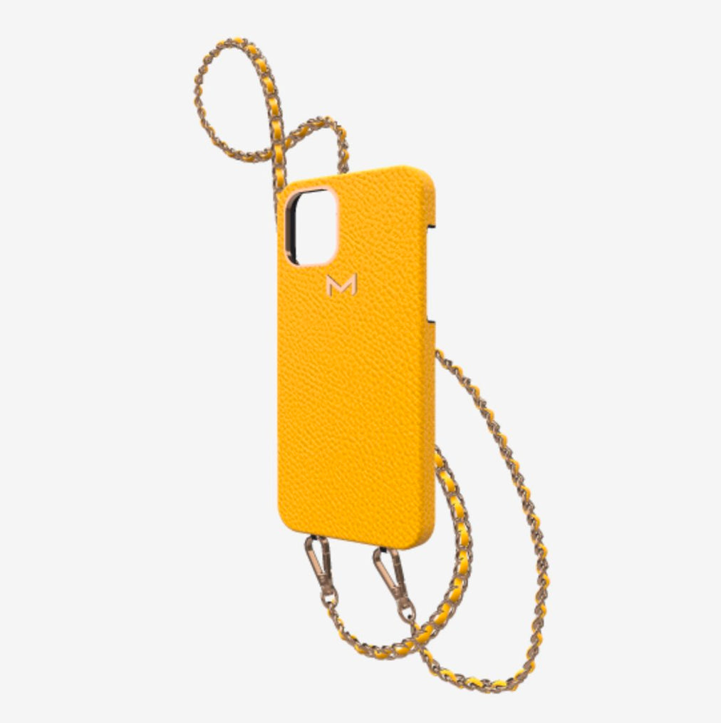 Classic Necklace Case for iPhone 12 Pro in Genuine Calfskin Sunny Yellow Rose Gold 