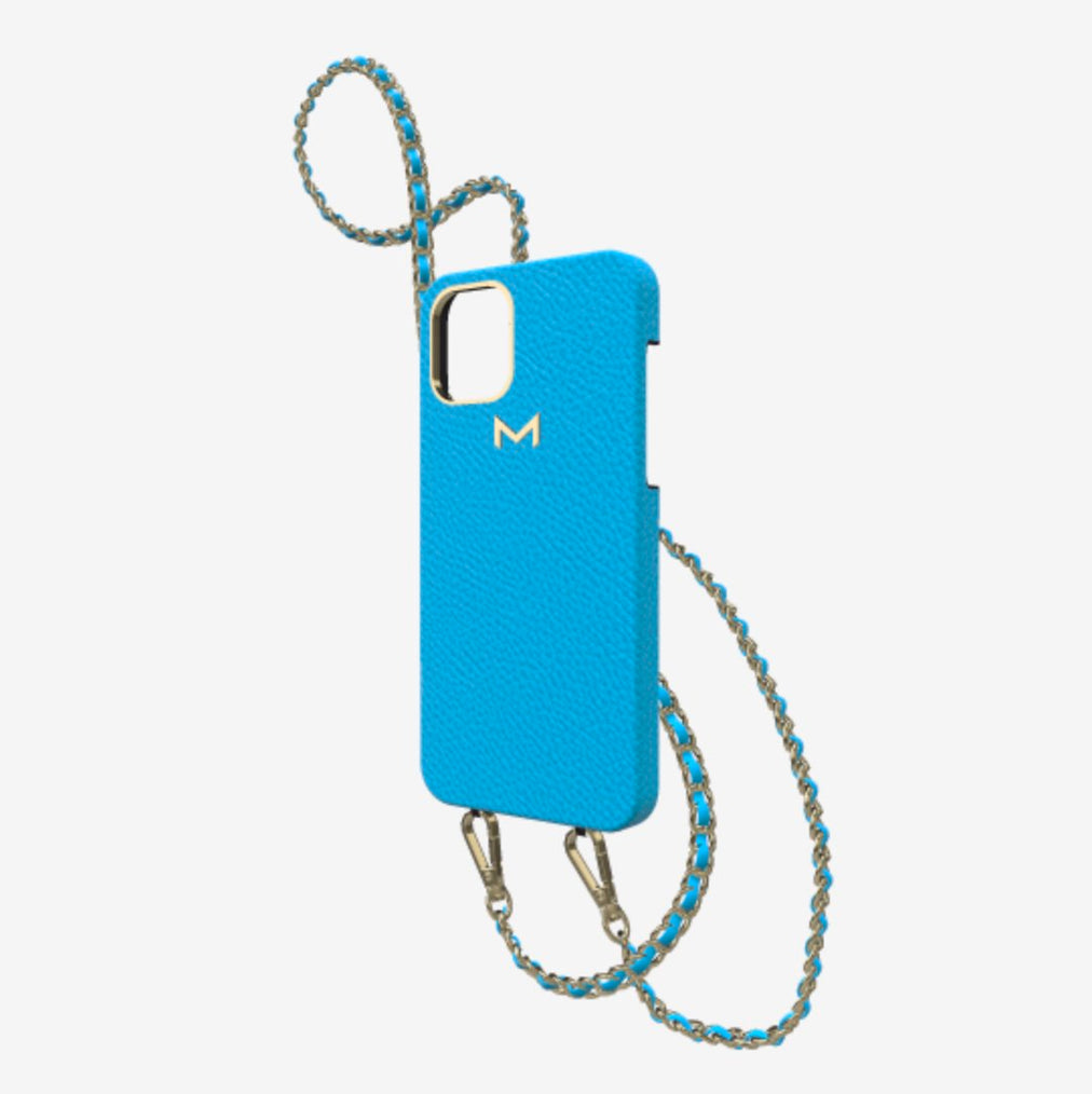 Classic Necklace Case for iPhone 12 Pro in Genuine Calfskin Tropical Blue Yellow Gold 