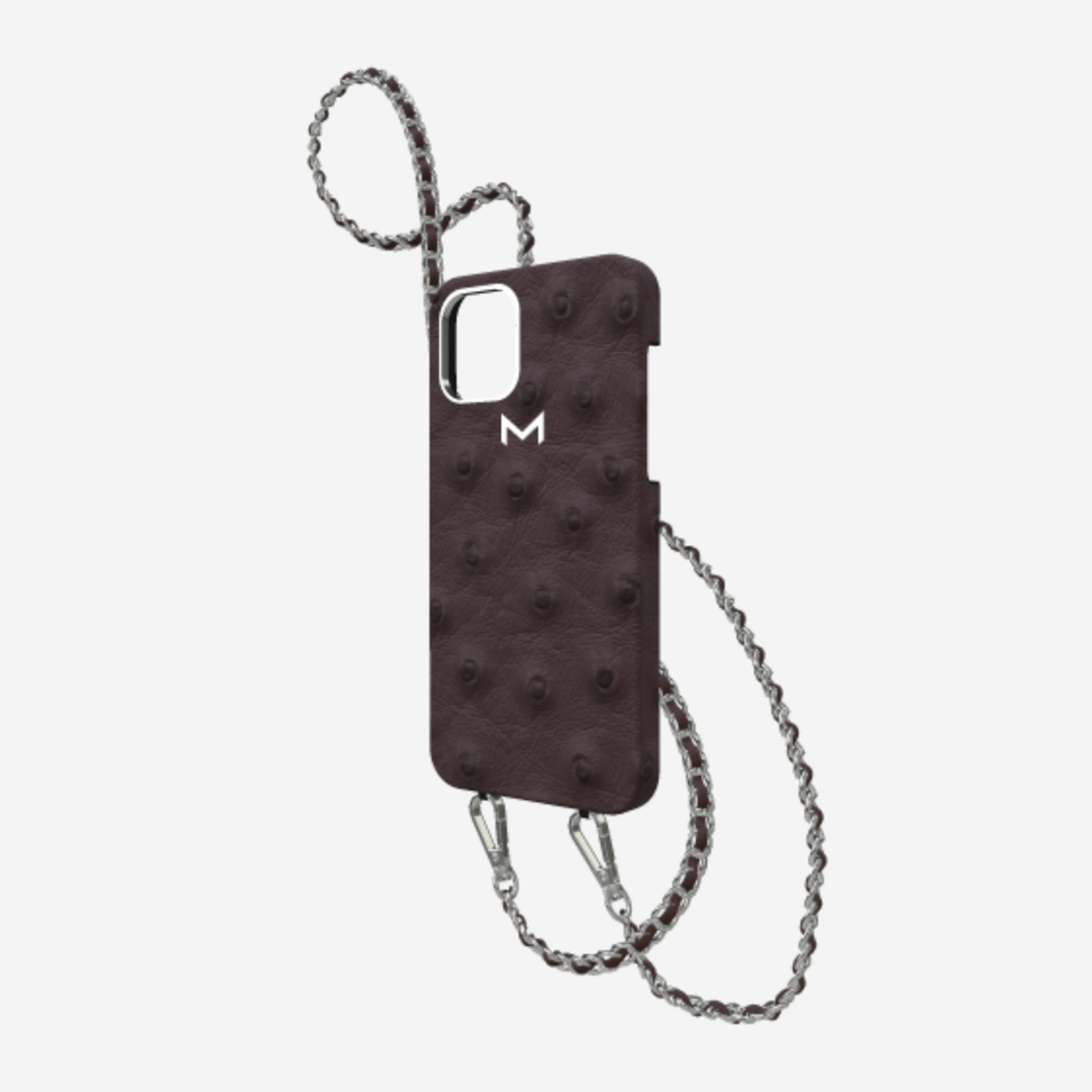 Classic Necklace Case for iPhone 12 Pro in Genuine Ostrich Borsalino Brown Steel 316 