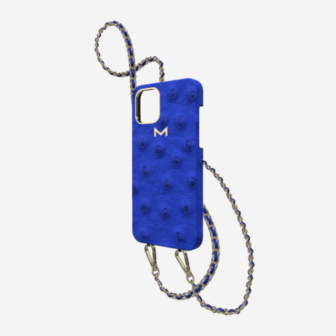Classic Necklace Case for iPhone 12 Pro in Genuine Ostrich Electric Blue Yellow Gold 