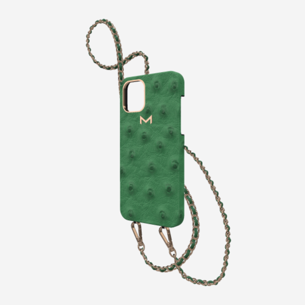 Classic Necklace Case for iPhone 12 Pro in Genuine Ostrich Emerald Green Rose Gold 