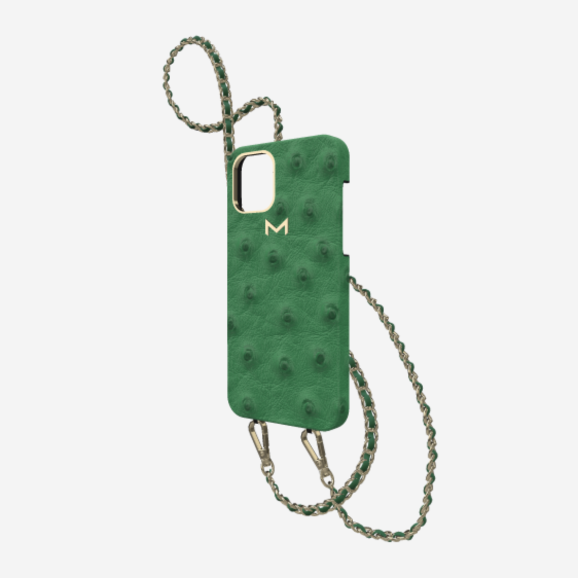 Classic Necklace Case for iPhone 12 Pro in Genuine Ostrich Emerald Green Yellow Gold 