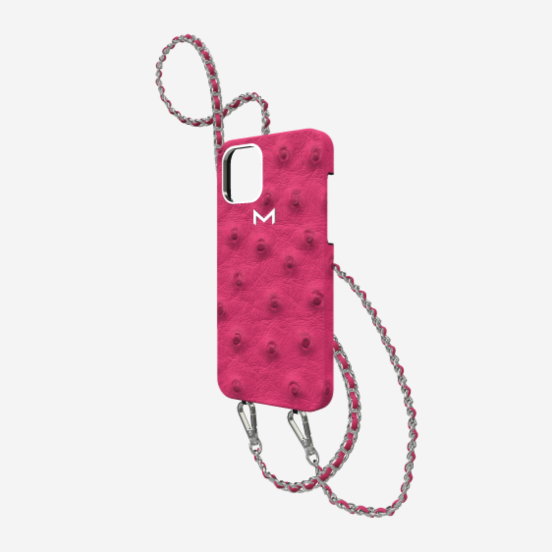 Classic Necklace Case for iPhone 12 Pro in Genuine Ostrich Fuchsia Party Steel 316 