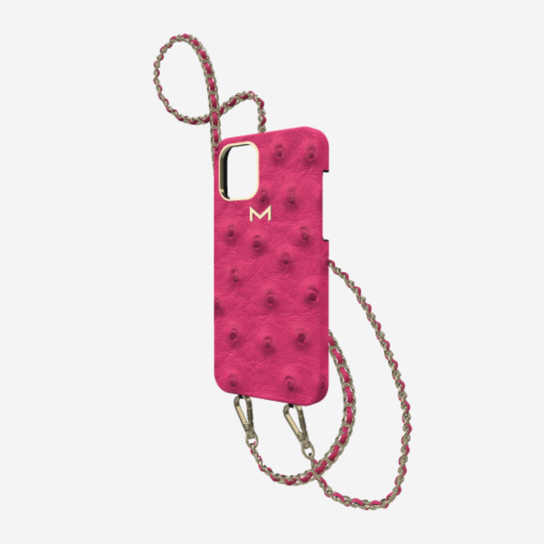 Classic Necklace Case for iPhone 12 Pro in Genuine Ostrich Fuchsia Party Yellow Gold 