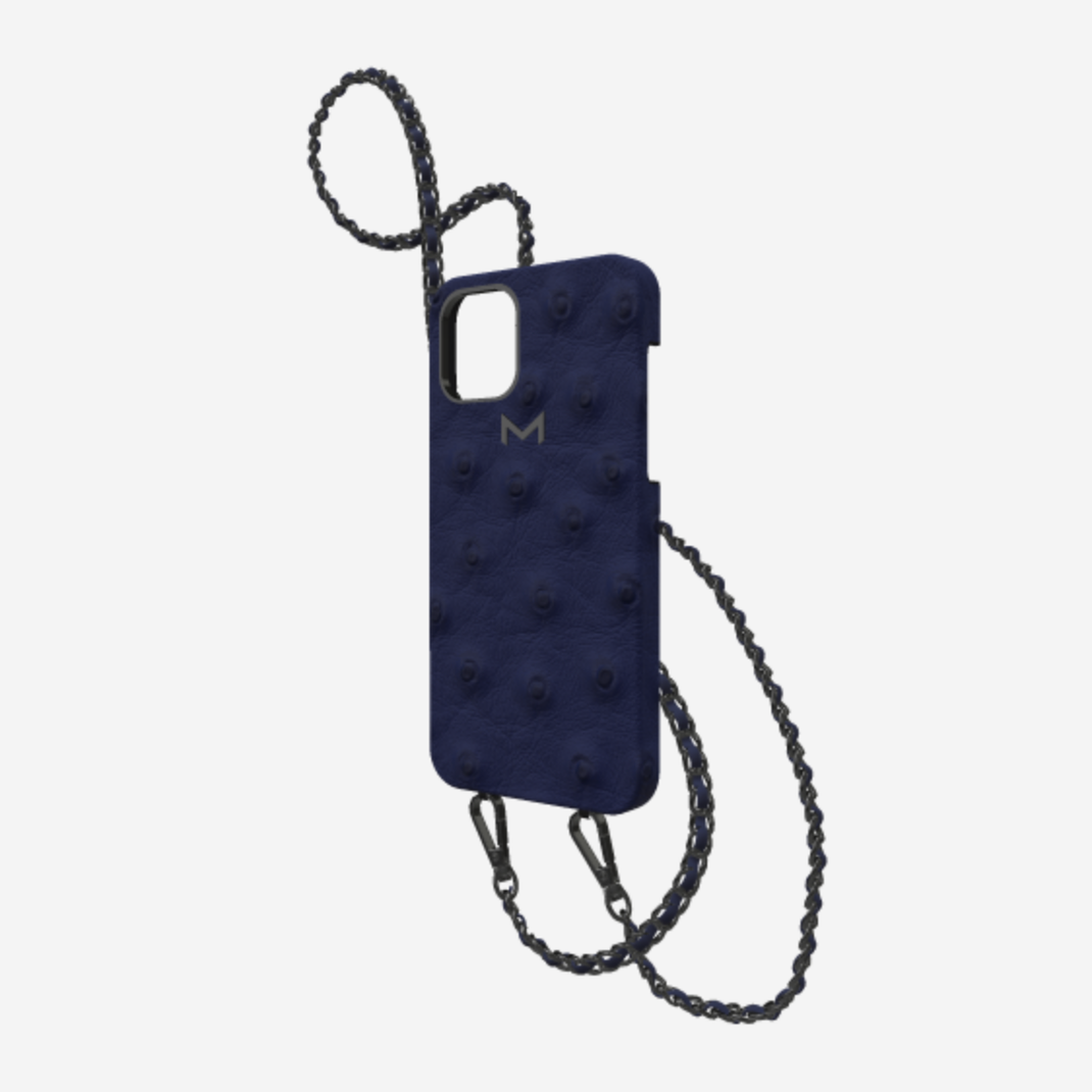 Classic Necklace Case for iPhone 12 Pro in Genuine Ostrich Navy Blue Black Plating 
