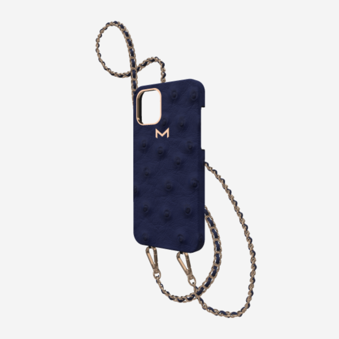 Classic Necklace Case for iPhone 12 Pro in Genuine Ostrich Navy Blue Rose Gold 