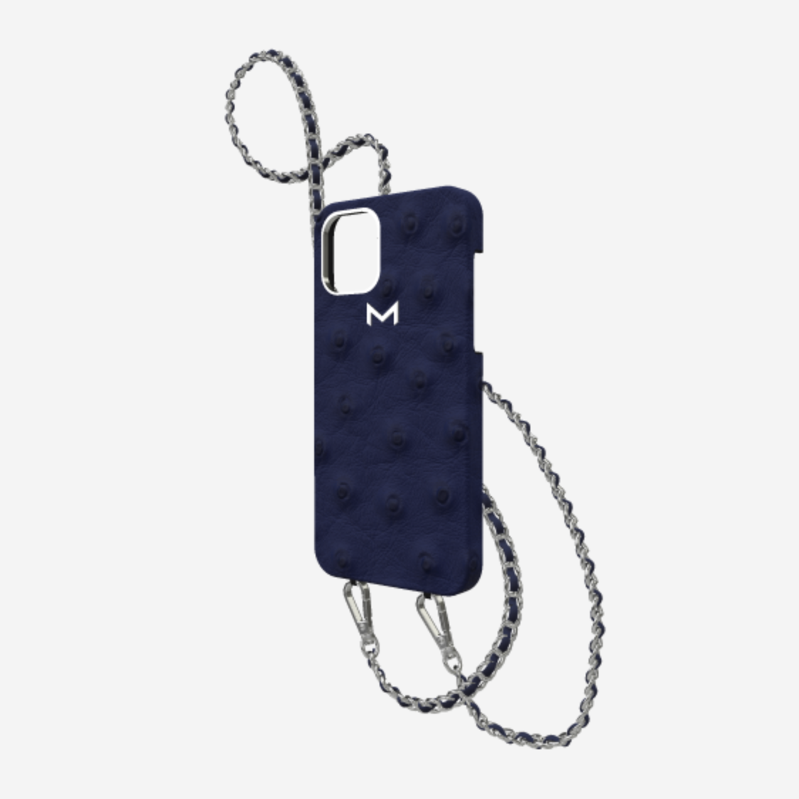 Classic Necklace Case for iPhone 12 Pro in Genuine Ostrich Navy Blue Steel 316 
