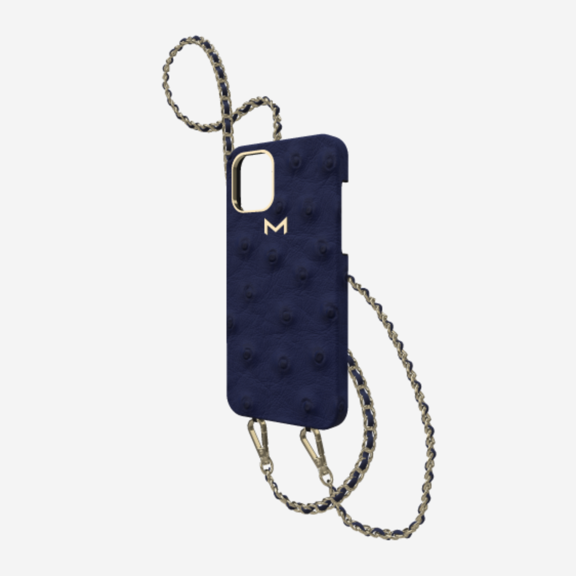 Classic Necklace Case for iPhone 12 Pro in Genuine Ostrich Navy Blue Yellow Gold 