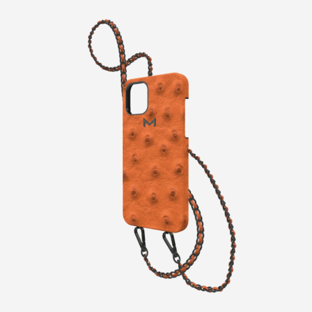 Classic Necklace Case for iPhone 12 Pro in Genuine Ostrich Orange Cocktail Black Plating 