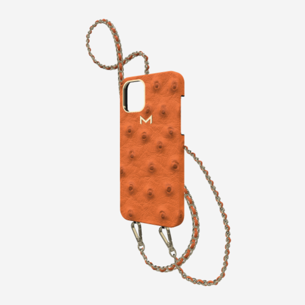 Classic Necklace Case for iPhone 12 Pro in Genuine Ostrich Orange Cocktail Yellow Gold 