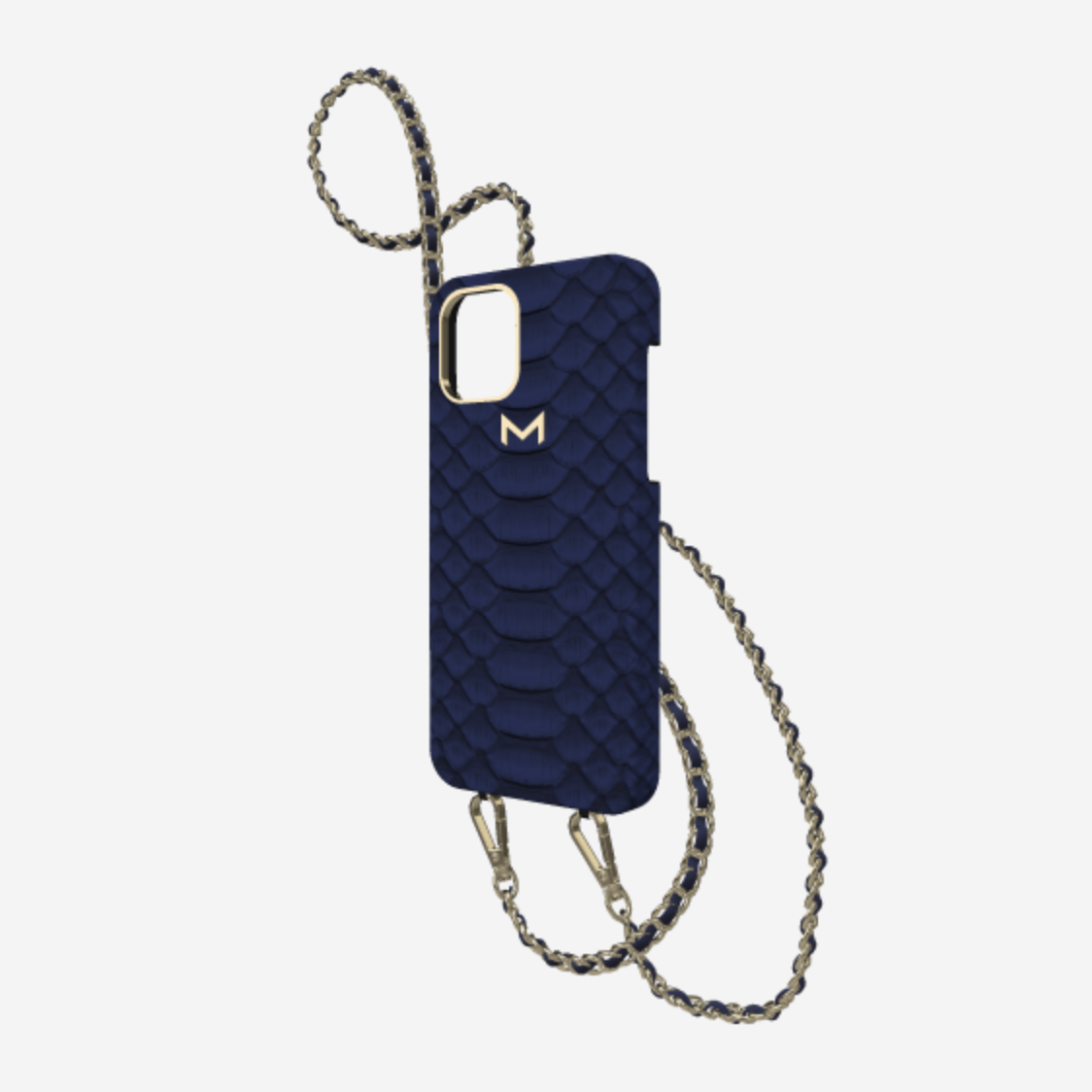 Classic Necklace Case for iPhone 12 Pro in Genuine Python Navy Blue Yellow Gold 