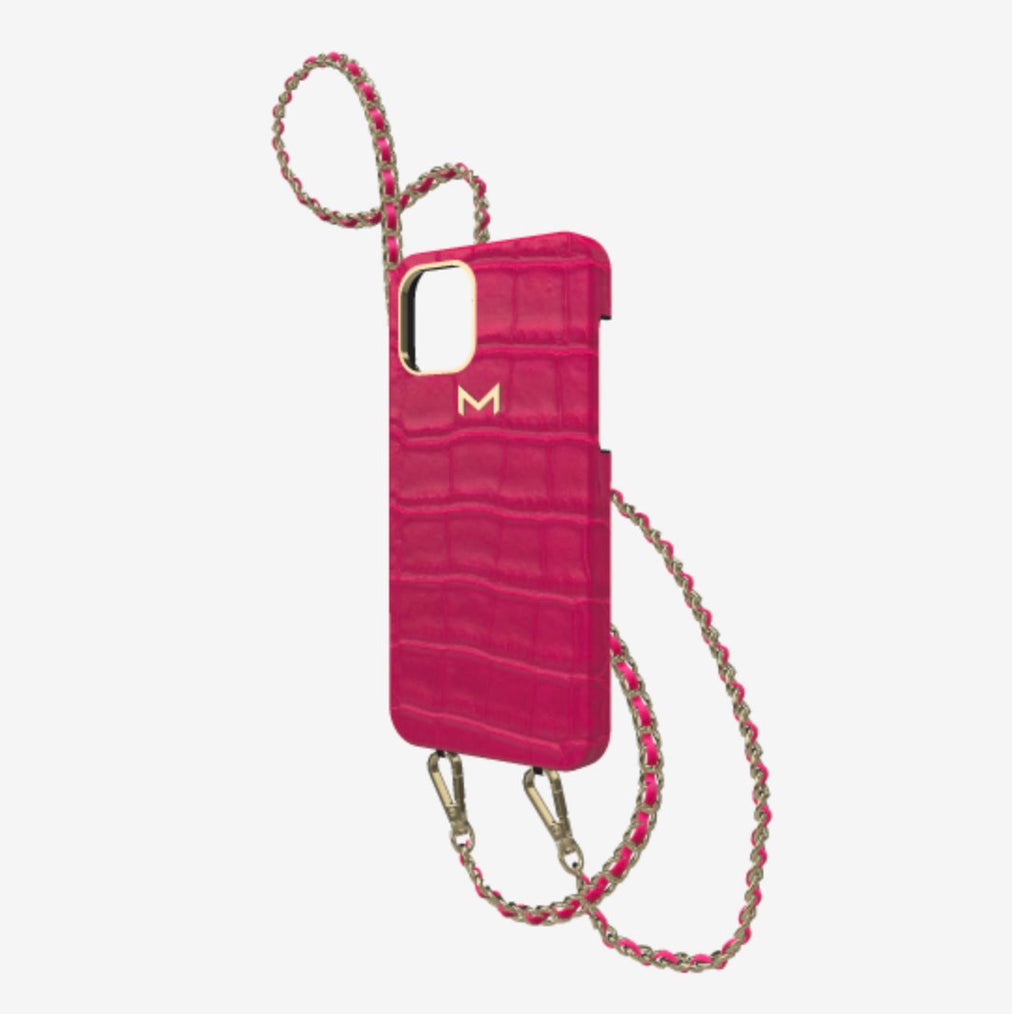 Classic Necklace Case for iPhone 12 Pro Max in Genuine Alligator Fuchsia Party Yellow Gold 