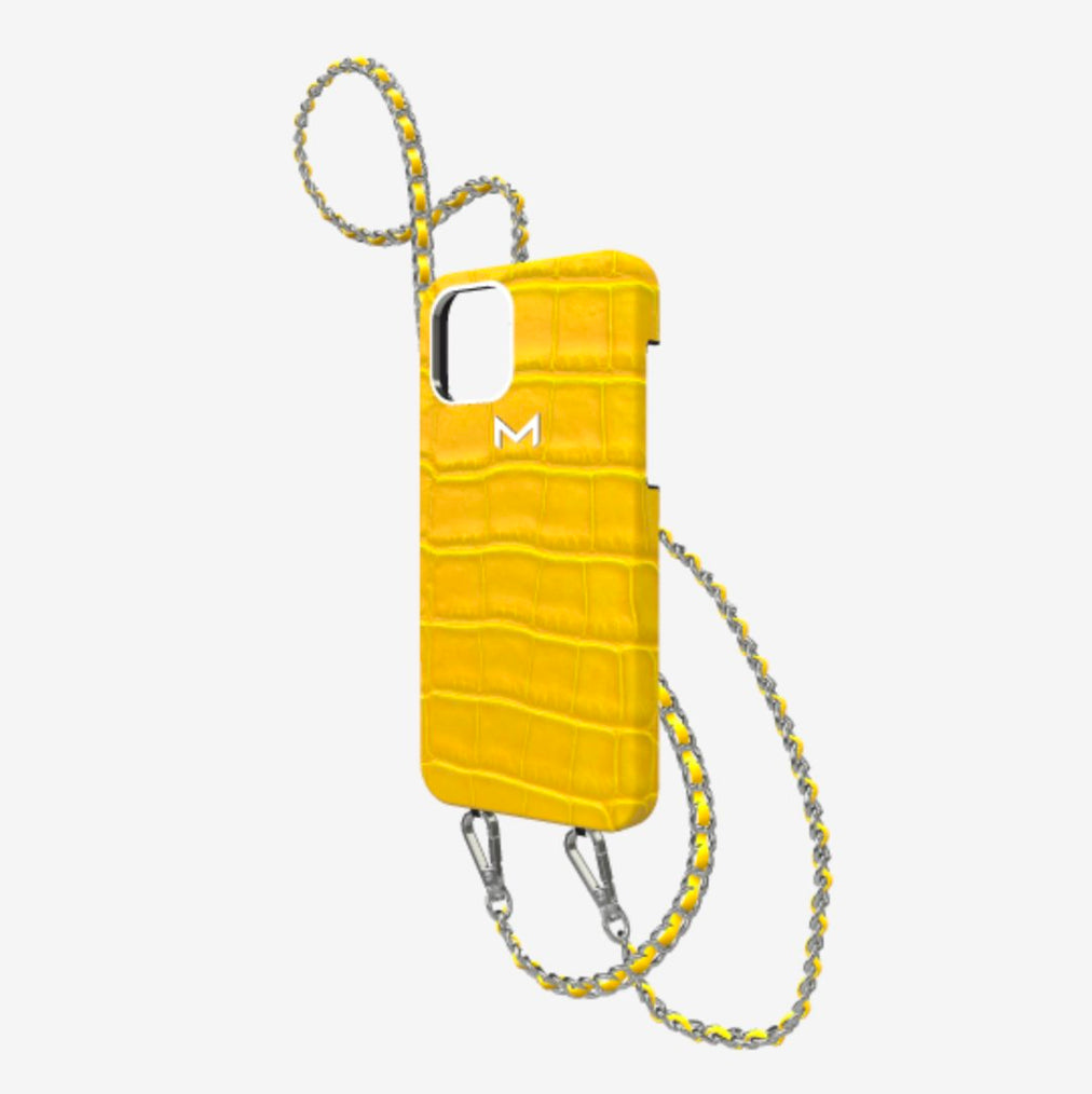 Classic Necklace Case for iPhone 12 Pro Max in Genuine Alligator Summer Yellow Steel 316 