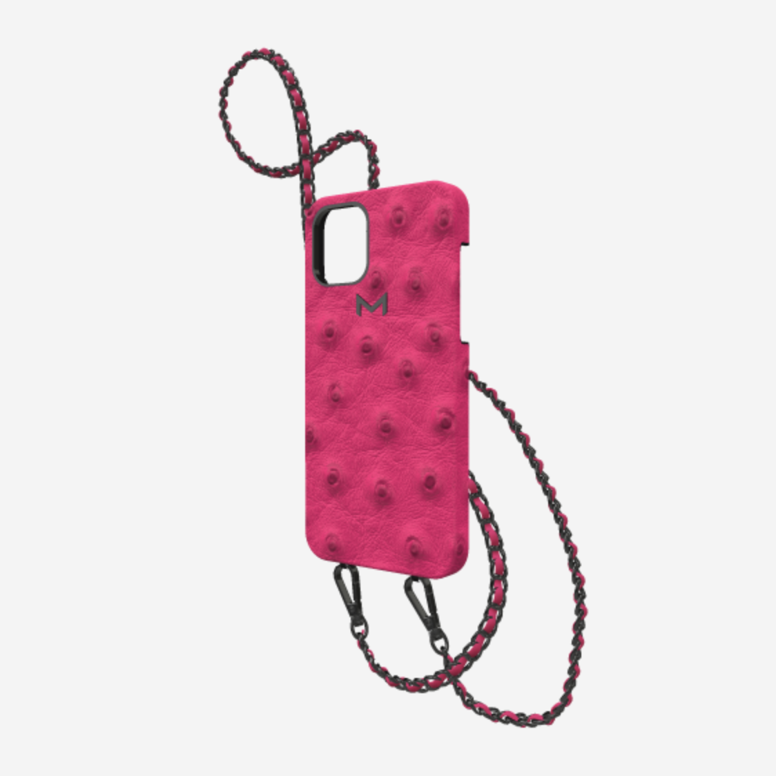 Classic Necklace Case for iPhone 12 Pro Max in Genuine Ostrich Fuchsia Party Black Plating 