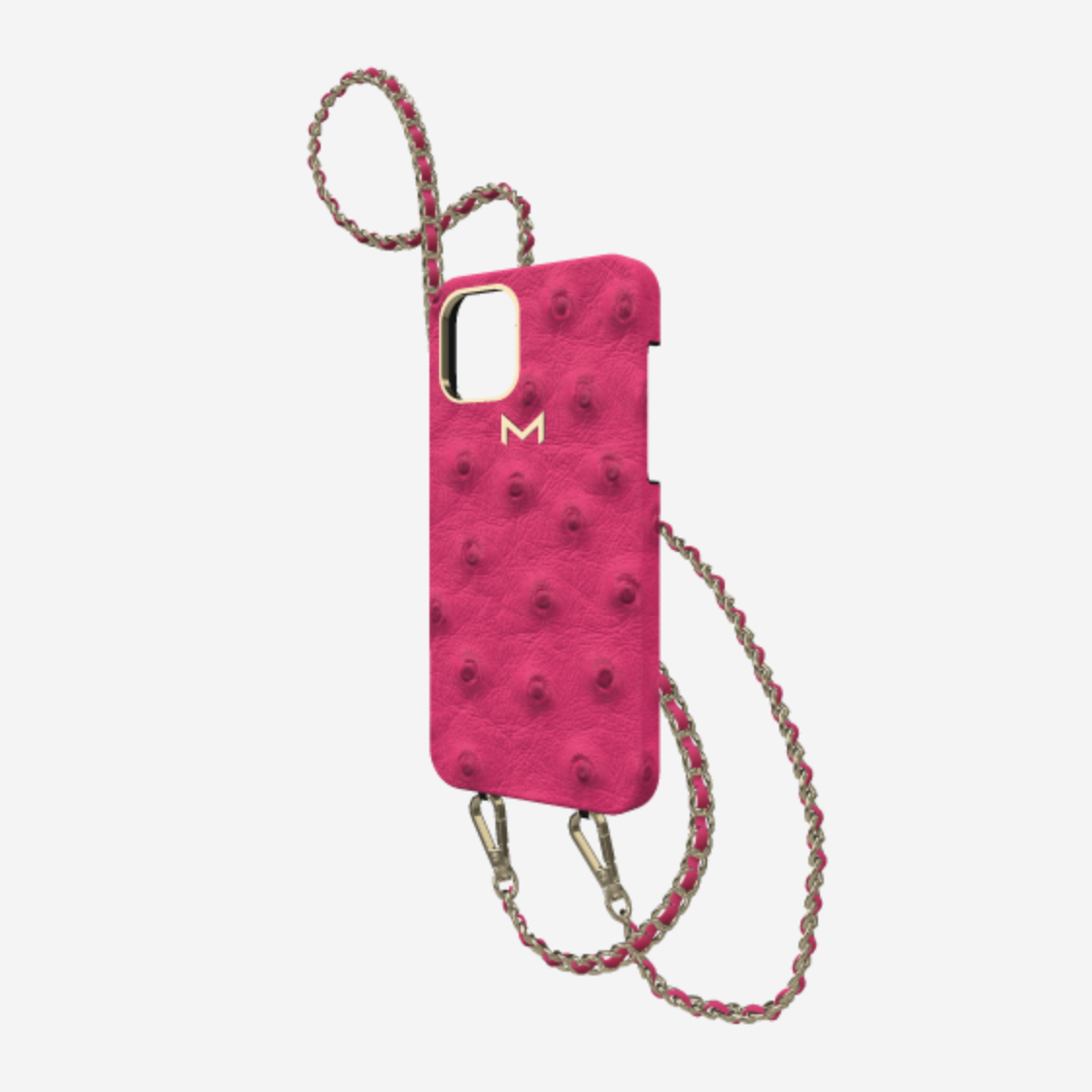 Classic Necklace Case for iPhone 12 Pro Max in Genuine Ostrich Fuchsia Party Yellow Gold 