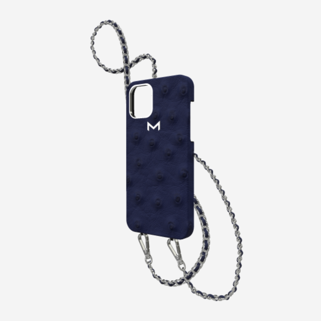 Classic Necklace Case for iPhone 12 Pro Max in Genuine Ostrich Navy Blue Steel 316 