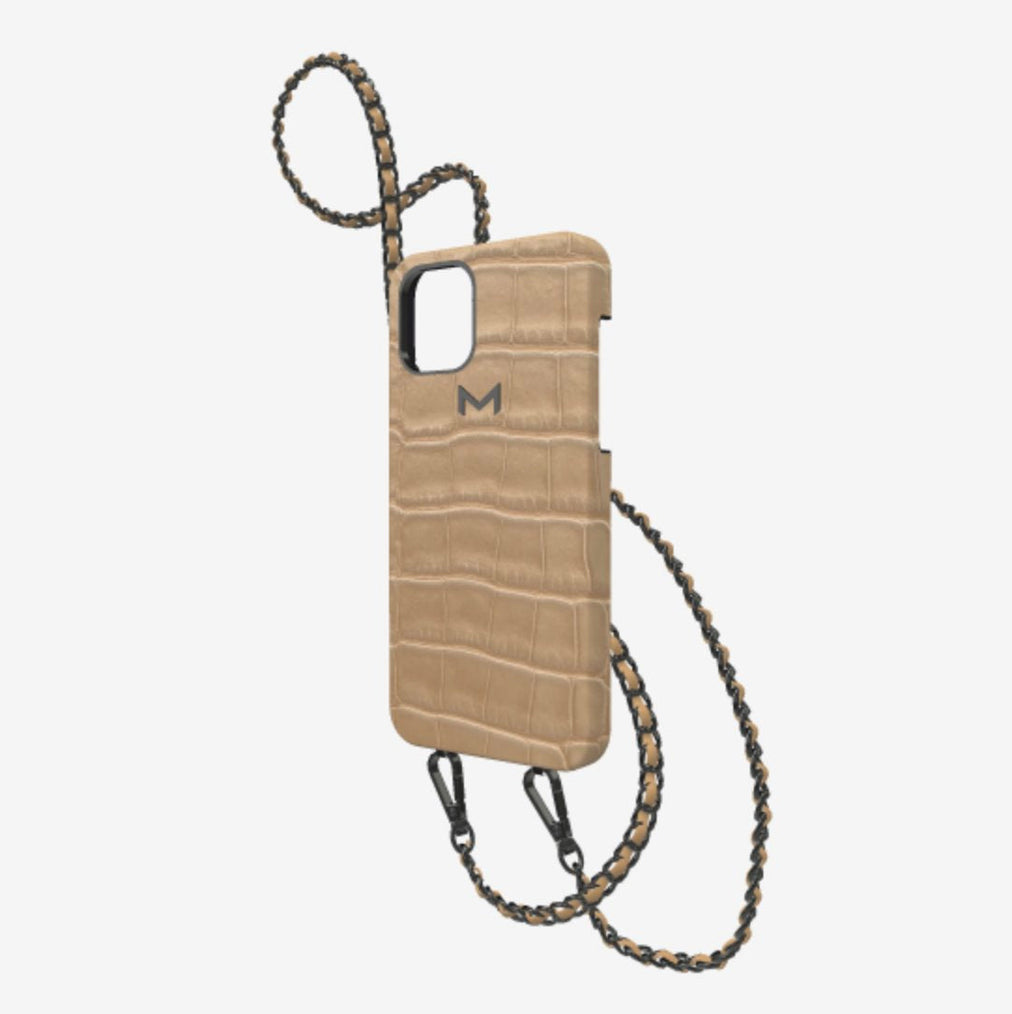 Classic Necklace Case for iPhone 13 Pro in Genuine Alligator Beige Desert Black Plating 
