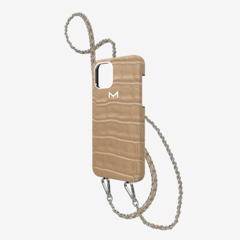 Classic Necklace Case for iPhone 13 Pro in Genuine Alligator Beige Desert Steel 316 