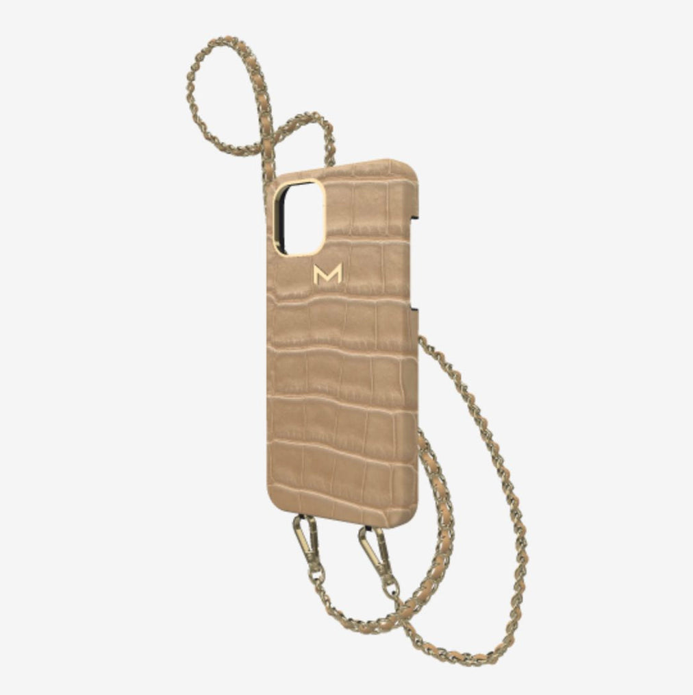Classic Necklace Case for iPhone 13 Pro in Genuine Alligator Beige Desert Yellow Gold 