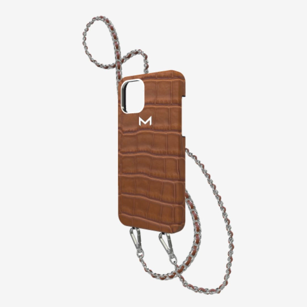 Classic Necklace Case for iPhone 13 Pro in Genuine Alligator Belmondo Brown Steel 316 