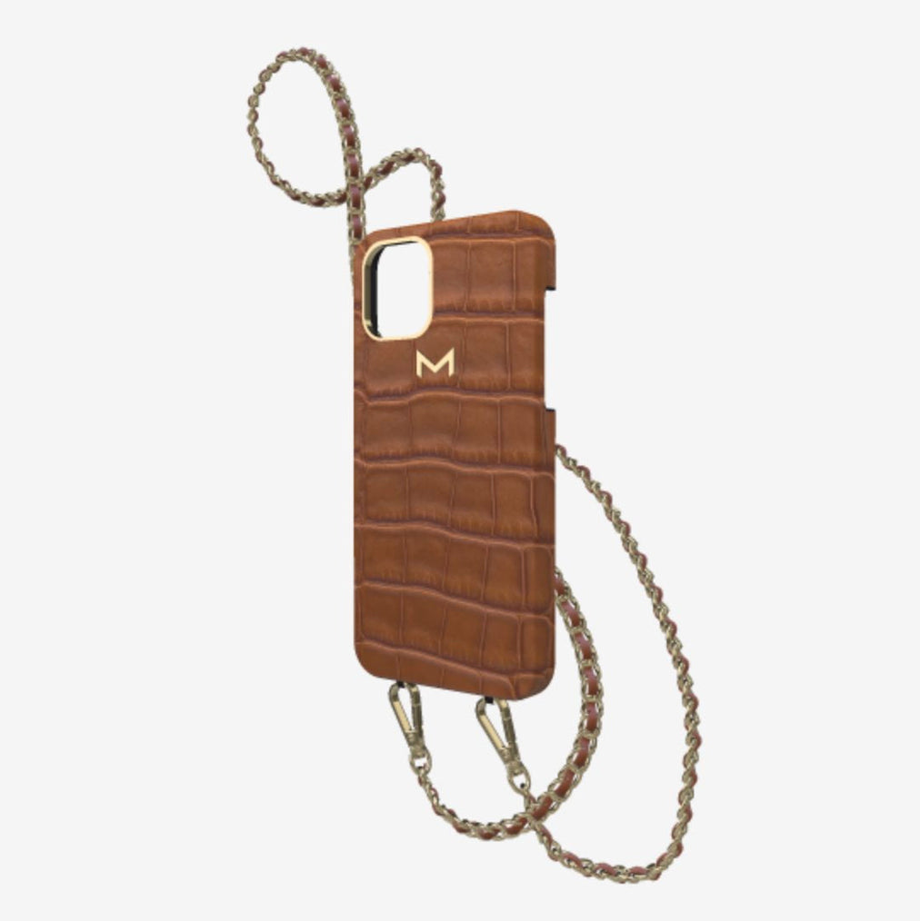 Classic Necklace Case for iPhone 13 Pro in Genuine Alligator Belmondo Brown Yellow Gold 