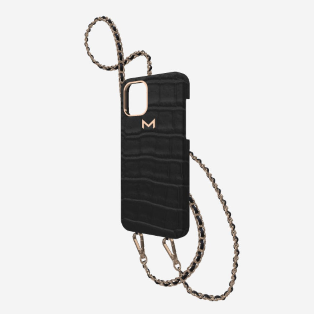 Classic Necklace Case for iPhone 13 Pro in Genuine Alligator Bond Black Rose Gold 