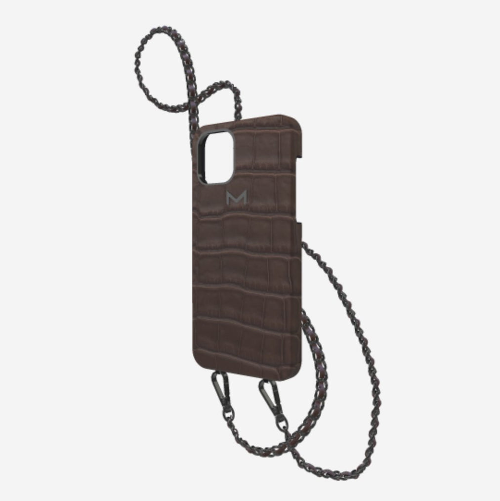 Classic Necklace Case for iPhone 13 Pro in Genuine Alligator Borsalino Brown Black Plating 