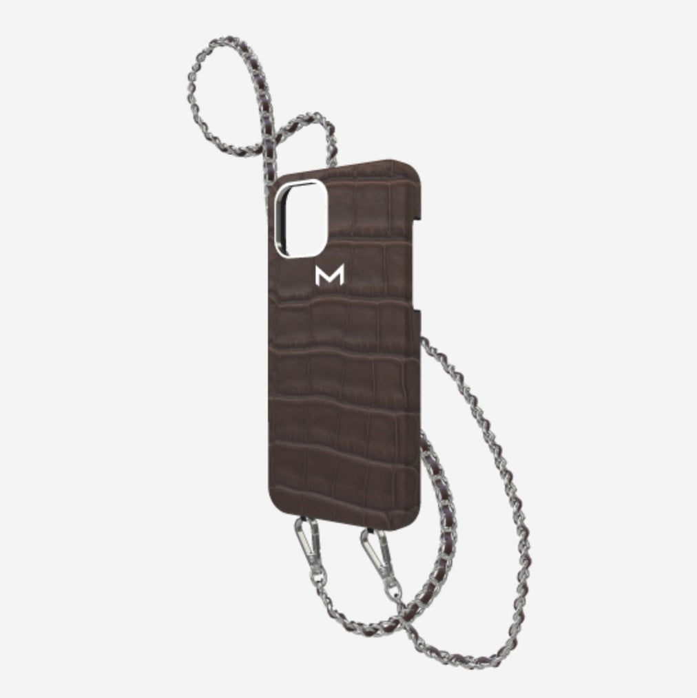 Classic Necklace Case for iPhone 13 Pro in Genuine Alligator Borsalino Brown Steel 316 