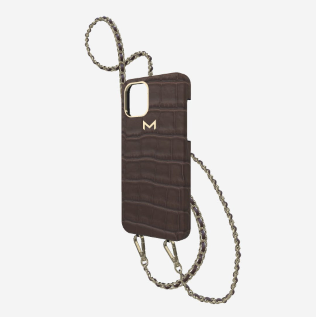Classic Necklace Case for iPhone 13 Pro in Genuine Alligator Borsalino Brown Yellow Gold 
