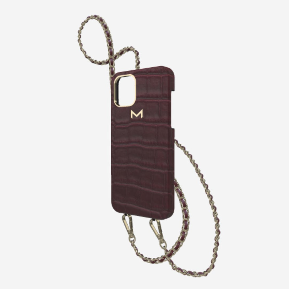 Classic Necklace Case for iPhone 13 Pro in Genuine Alligator Burgundy Palace Yellow Gold 