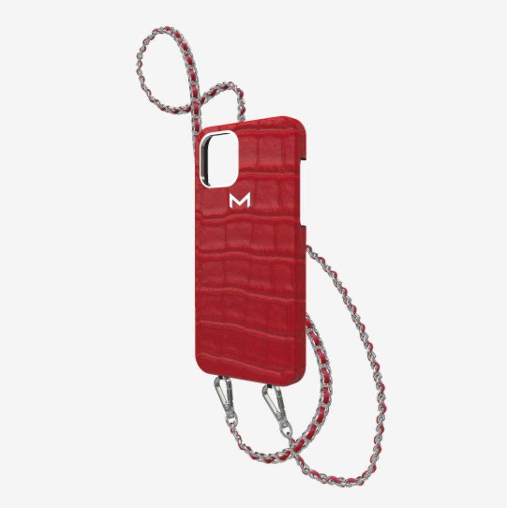 Classic Necklace Case for iPhone 13 Pro in Genuine Alligator Coral Red Steel 316 