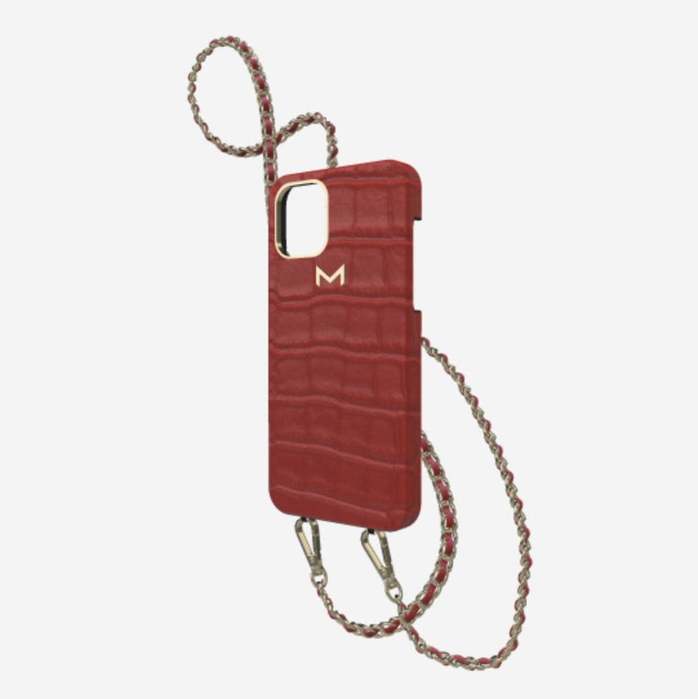 Classic Necklace Case for iPhone 13 Pro in Genuine Alligator Coral Red Yellow Gold 