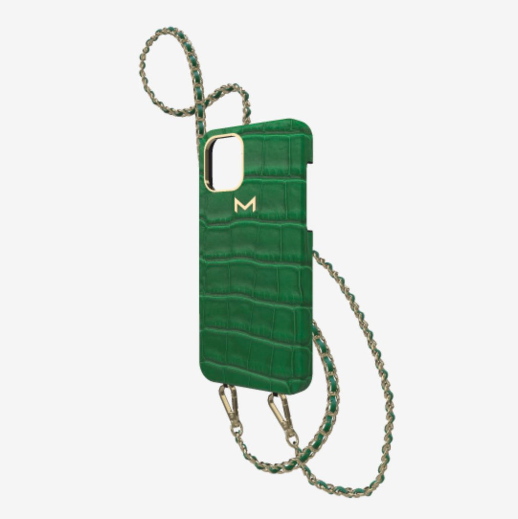 Classic Necklace Case for iPhone 13 Pro in Genuine Alligator Emerald Green Yellow Gold 