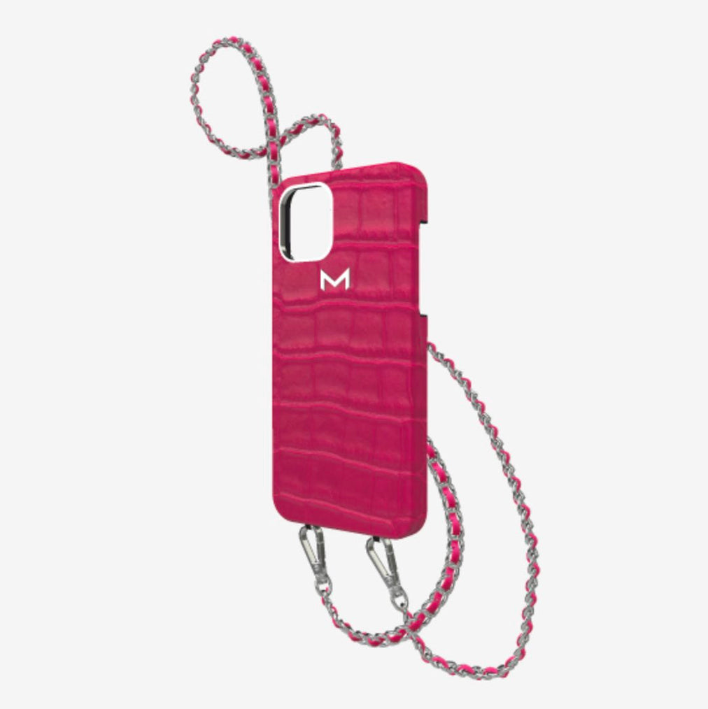 Classic Necklace Case for iPhone 13 Pro in Genuine Alligator Fuchsia Party Steel 316 