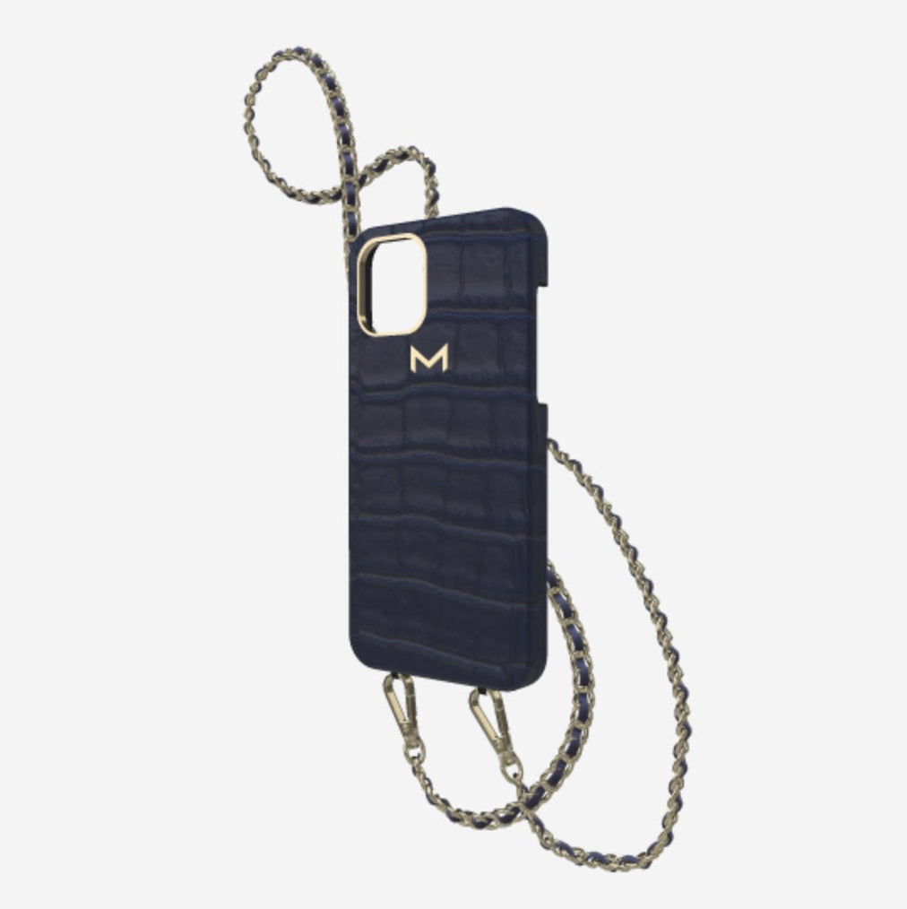 Classic Necklace Case for iPhone 13 Pro in Genuine Alligator Navy Blue Yellow Gold 